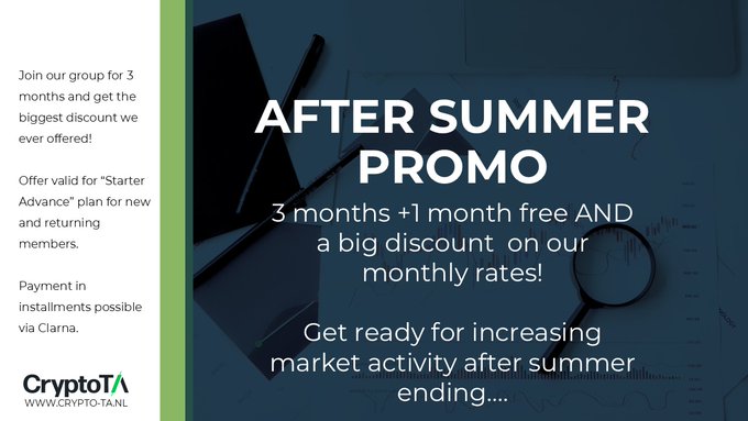 Promotional banner for CryptoTA advertising an 'AFTER SUMMER PROMO' with 3 months + 1 month free, valid for the 'Starter Advance' plan with payment installments via Klarna.