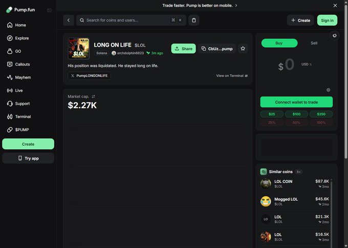 A screenshot of the Pump.fun trading interface displaying the $LOL ("LONG ON LIFE") Solana meme coin, showing a market cap of $2.27K and a description referencing the liquidation story from the accompanying post. The trading panel on the right prompts users to connect a wallet, with the ticker and contract address (CbUz...pump) visible in the coin's profile section.