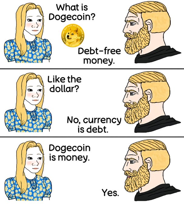 Three-panel Wojak-style meme comic discussing Dogecoin, with a blonde woman asking "What is Dogecoin?" and a bearded man explaining that cryptocurrency is "Debt-free money," not debt like fiat currency.