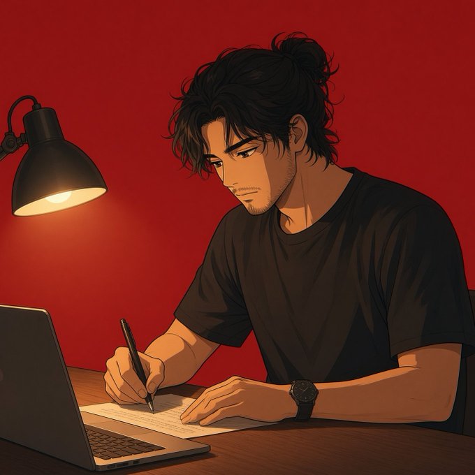 An anime-style illustration of a young man with dark hair tied in a bun, wearing a black t-shirt, writing on paper at a desk illuminated by a lamp against a deep red background.