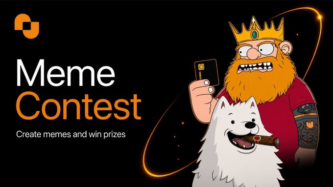 A promotional banner for a 'Meme Contest' features a cartoon king with an orange beard holding a coin alongside a white dog smoking a cigar.