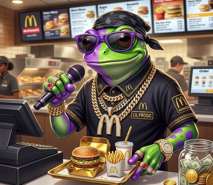 Cartoon illustration of a frog character labeled "LIL FROGG" dressed in gold chains, jewelry, and a McDonald's uniform, holding a microphone at a fast-food counter.