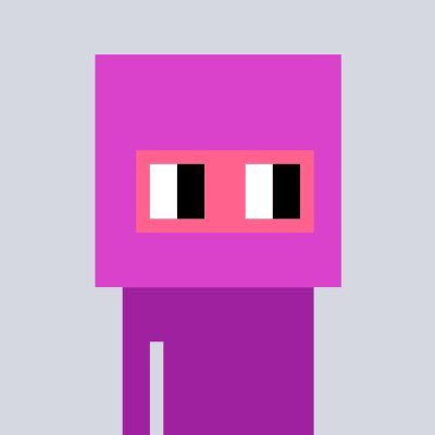 A simple pixelated cartoon figure in pink and magenta colors with large eyes, set against a light blue background