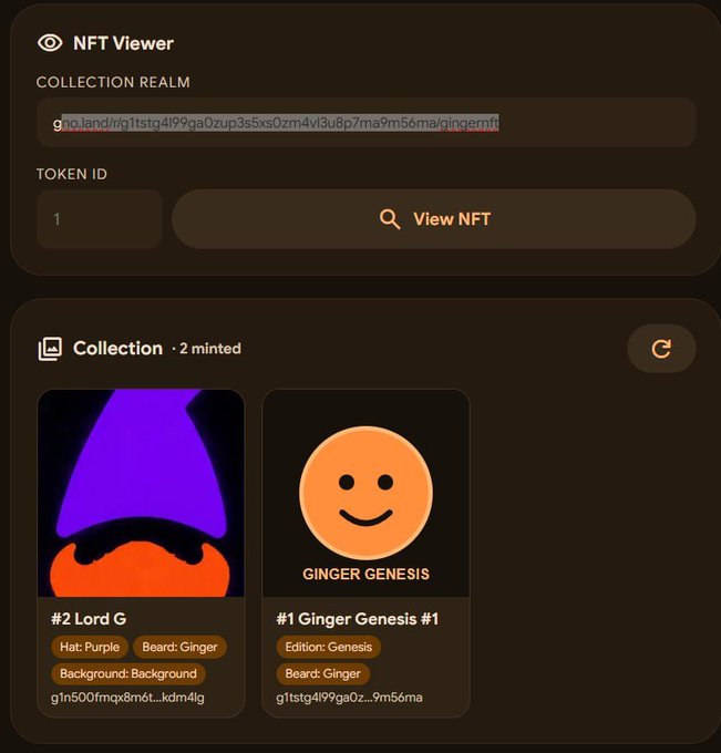 This image shows an "NFT Viewer" interface displaying two minted NFTs: "#1 Ginger Genesis #1" and "#2 Lord G," demonstrating how metadata is stored directly in the token's URL rather than via IPFS. The visual interface highlights the "Collection Realm" and specific on-chain attributes like "Beard: Ginger" and "Hat: Purple."