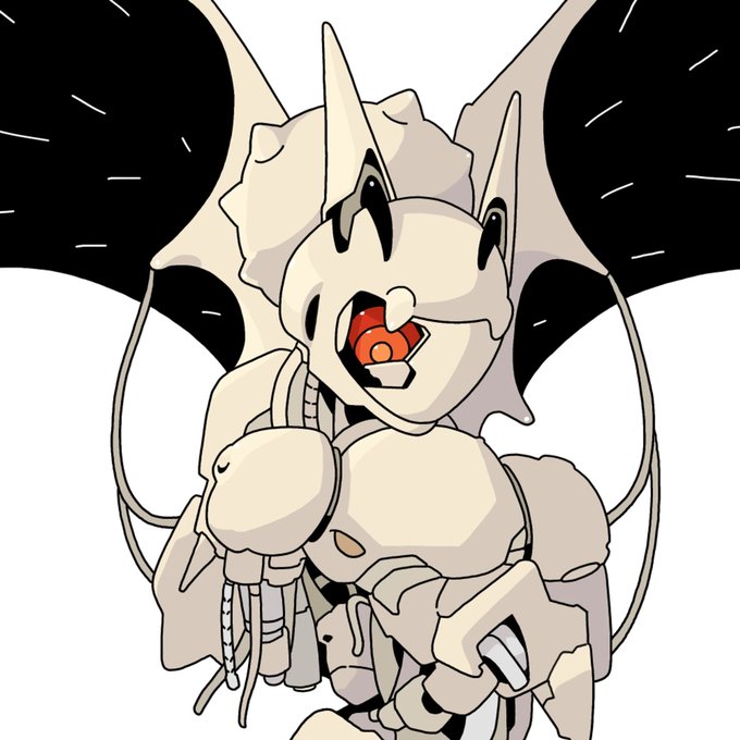 An anime-style illustration of a winged creature with a skeletal/draconic face, large bat-like wings spread wide, and an open mouth revealing red interior details.