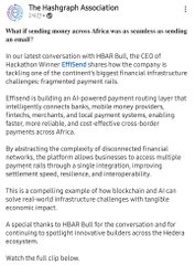 A social media post from 'The Hashgraph Association' discussing the HBAR Bull announcement and the company's mission in Africa.