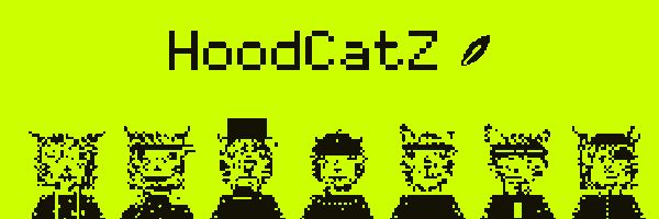 A pixel art image on a yellow background showing 'HoodCat2' with a leaf icon and seven pixelated character sprites in suits below.