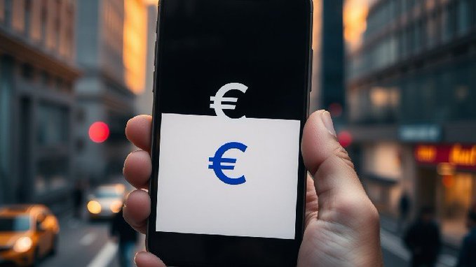 A hand holds a smartphone displaying a white screen with a blue euro symbol, set against a blurred city street background.