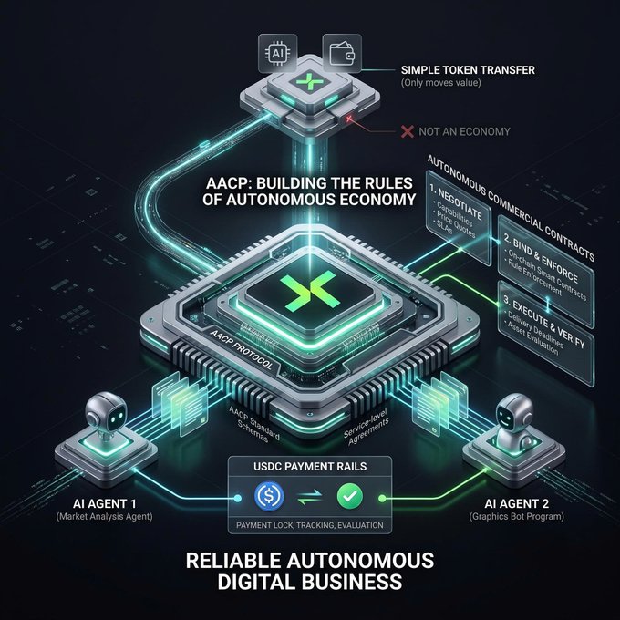 An infographic titled 'AACP: BUILDING THE RULES OF AUTONOMOUS ECONOMY' and 'RELIABLE AUTONOMOUS DIGITAL BUSINESS' showing AI Agent 1 (Market Analysis Agent) and AI Agent 2 (Graphics Bot Program) connected through USDC payment rails, contrasting simple token transfer with autonomous commercial contracts including negotiate, bind & enforce, and execute & verify.