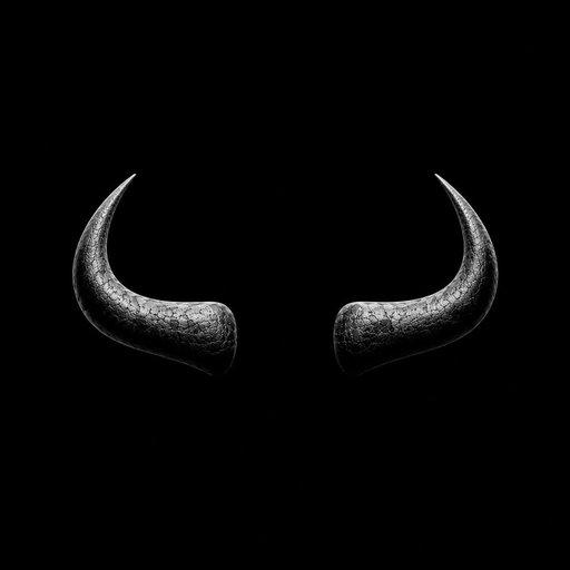 Two textured, metallic horns curve inward against a pure black background, resembling bull horns often associated with crypto market imagery.