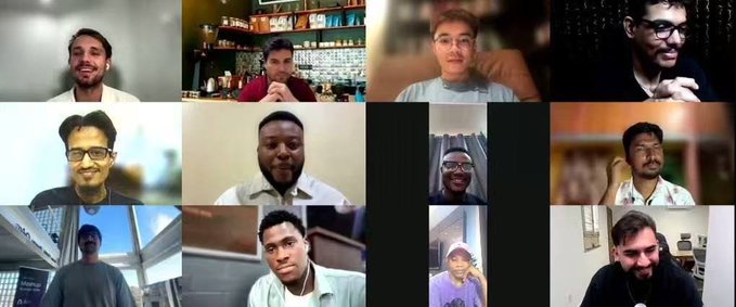 A 3x4 video conference grid showing 11 participants, likely a meeting or podcast recording, with various individuals in different indoor settings.