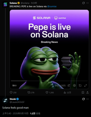 Instagram post from '@saboraboraborabora' promoting Solana with the headline 'Pepe is live on Solana' above an image of a Pepe the Frog character wearing sunglasses and making a peace sign.