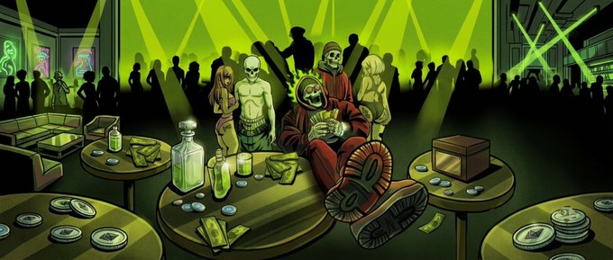 A neon-lit cartoon-style illustration depicts a chaotic nightclub scene where a skeletal figure in a red hoodie lounges at a table covered in scattered cash, coins, and a bottle of liquor, flanked by ghostly companions and silhouetted crowds under green spotlights—evoking the hedonistic, underworld vibe of the "Flamebound 888" NFT collection referenced in the post.