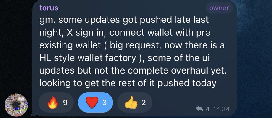 A Discord message from 'torus' (owner) discussing updates including X sign in, wallet connectivity, and UI changes, with reaction emojis showing 9 fire, 3 hearts, and 2 thumbs up.