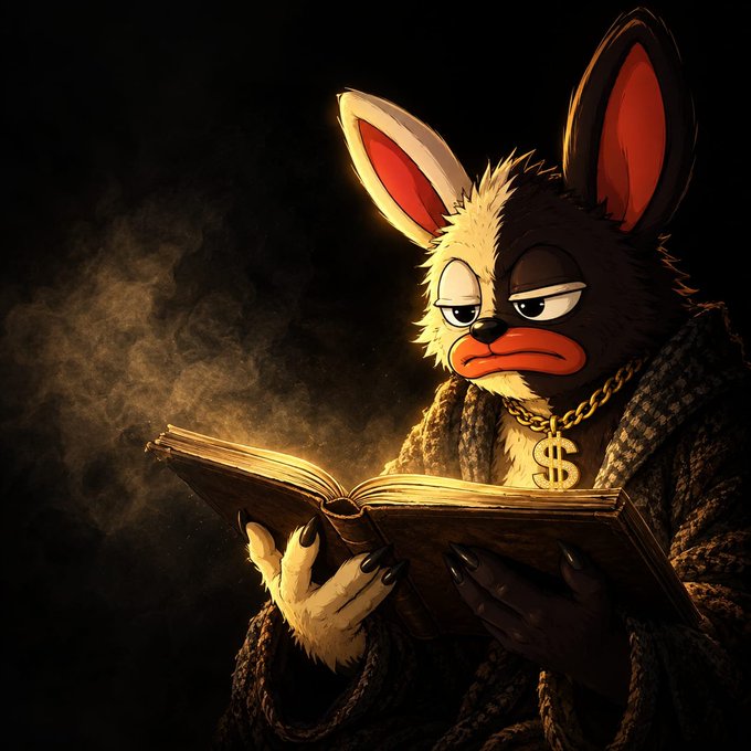 A stylized digital illustration of an anthropomorphic rabbit with a red dollar sign chain necklace reading an old book in a dark, moody setting.