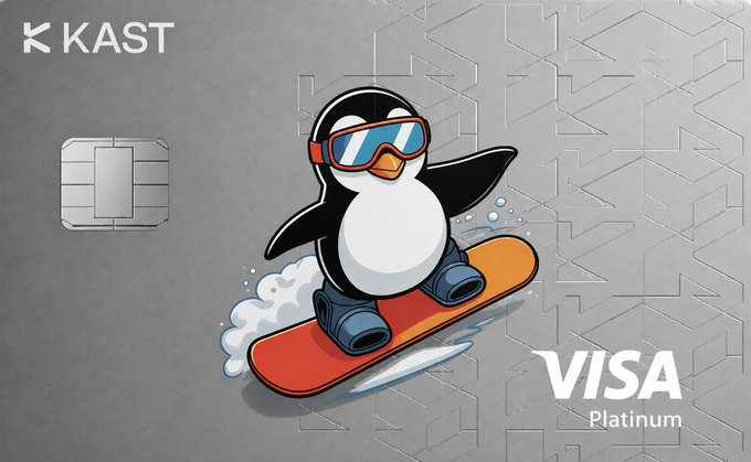 The image features a penguin riding a snowboard, with the words "Visa Platinum" written below it. The text also mentions that revenue has doubled in three months and that the post was created by KAST. Additionally, there are two lines of text stating that the penguin is on an "Empire Card".