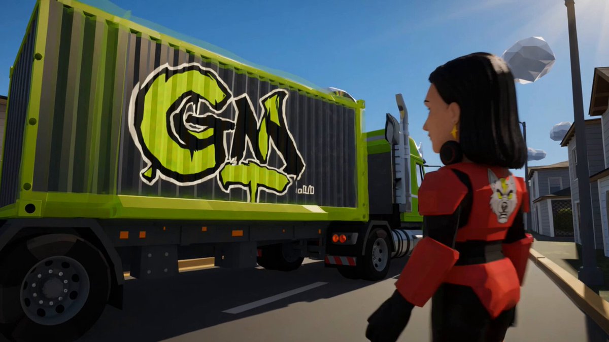 The image features a cartoon woman wearing a red outfit, standing next to a green truck with graffiti on its side. The truck has the word "GIM" written on it in black letters. In the background of the image, there are houses visible behind the truck and the woman.