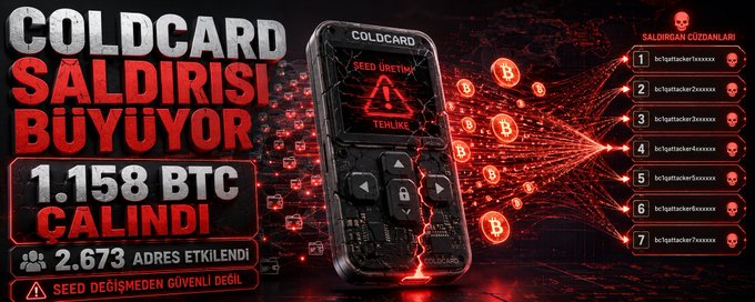 A Turkish-language graphic warning about a COLDCARD security breach, stating 'SALDIRISI BÜYÜYOR', '1.158 BTC ÇALINDI', and '2.673 ADRES ETKİLENDİ', alongside an image of a hardware wallet displaying 'SEED ÜRETİM TEHLİKE'.