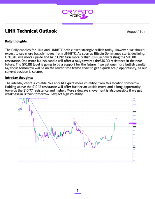 A Crypto Wzrd 'LINK Technical Outlook' report dated August 19th discusses bullish daily candles for LINK and LINKBTC, noting resistance levels at $10.00 and $10.77, accompanied by a candlestick chart.