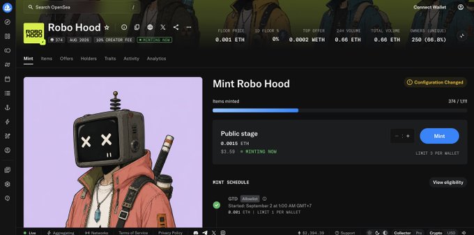 OpenSea screenshot showing a 'Mint Robo Hood' NFT page with pricing of 0.0015 ETH, 374/671 minted, and a mint schedule starting September 2 at 1:00 AM GMT-7.