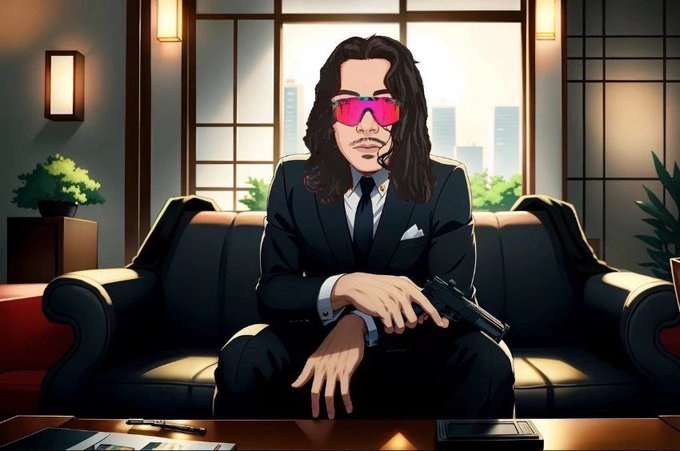 An anime-style character portrait of a long-haired man in a black suit and tie wearing pink/red reflective sunglasses, seated on a leather couch while holding a handgun in an upscale office setting.