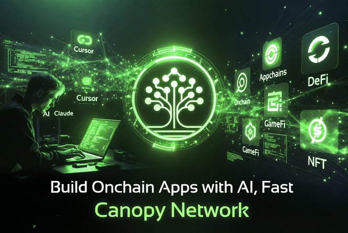 A developer works at a glowing green laptop surrounded by floating icons representing AI tools and blockchain concepts like Cursor, DeFi, Appchains, GameFi, NFTs, and Onchain, with a central tree emblem promoting "Canopy Network" as a platform to "Build Onchain Apps with AI, Fast." The image visually ties Canopy's two-part structure—its AI-assisted development framework (symbolized by the developer and Cursor/Claude icons) and its onchain ecosystem (represented by Appchains, DeFi, GameFi, and NFT icons)—around its unified tree-themed brand identity.