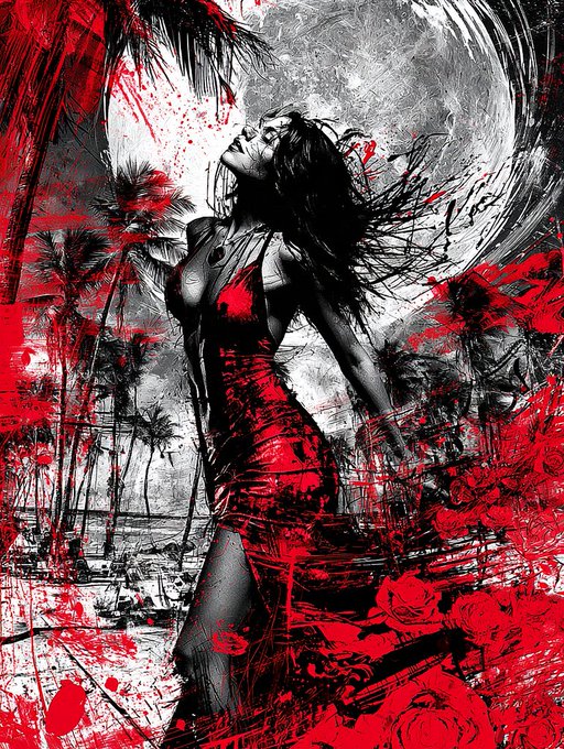 A dramatic, stylized illustration of a woman in a red dress standing with her head thrown back, set against a black and white background with red splashes and palm trees.
