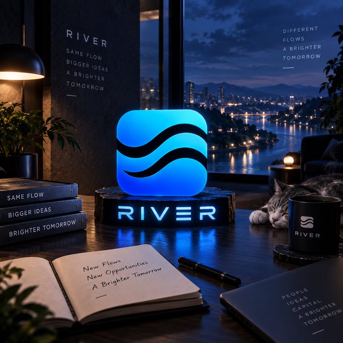 A glowing "RIVER" logo centerpiece is surrounded by branded merchandise and notes reading "Same Flow, Bigger Ideas, A Brighter Tomorrow" and "New Flows, New Opportunities, A Brighter Tomorrow," with a twilight cityscape and sleeping cat in the background—visually reinforcing the caption's message of shifting from short-term incentives toward sustainable, recurring ecosystem usage through satUSD, staking, and new products.