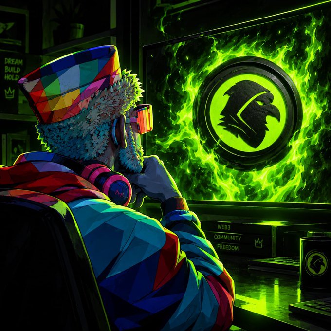 A colorful digital illustration of a character with a colorful top hat and headphones looking at a green, flaming circular logo, with text reading "DREAM BUILD HOLD" and "WEB3 COMMUNITY FREEDOM".