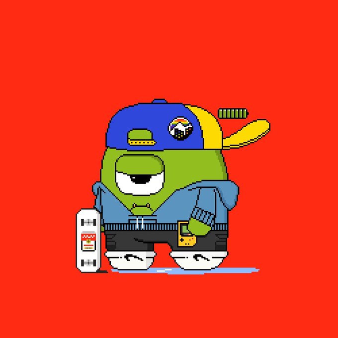 A pixelated character with a skateboard and a Game Boy is ready for the Gloomble mint on July 23rd. The character's battery is nearly full, hinting at their readiness to participate.
