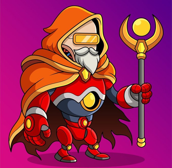 A cartoon character in an orange hooded cloak and red armor holds a golden staff against a purple background.