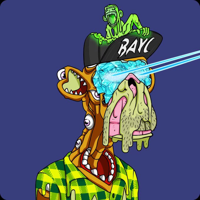 A digital artwork of a melting, distorted figure wearing a 'BAYC' (Bored Ape Yacht Club) cap with a small green ape sitting on top, set against a blue background.