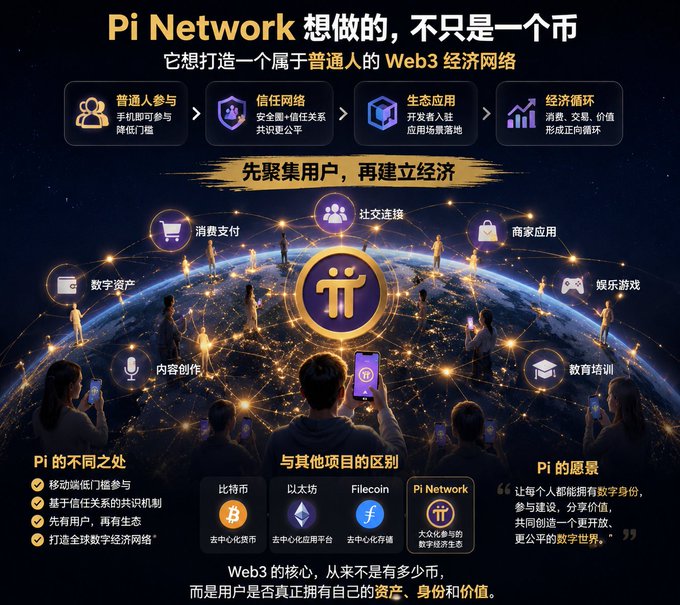 A promotional graphic for 'Pi Network' (想做的，不只是一个币) describing its Web3 economic network features, including ordinary user participation, trust networks, ecosystem applications, and economic cycles, comparing it to Bitcoin, Ethereum, and Filecoin.