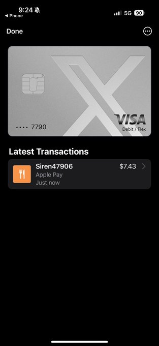 A screenshot of Apple Pay showing a silver Visa debit card ending in 7790 with a latest transaction of $7.43 at Siren47906 via Apple Pay just now.