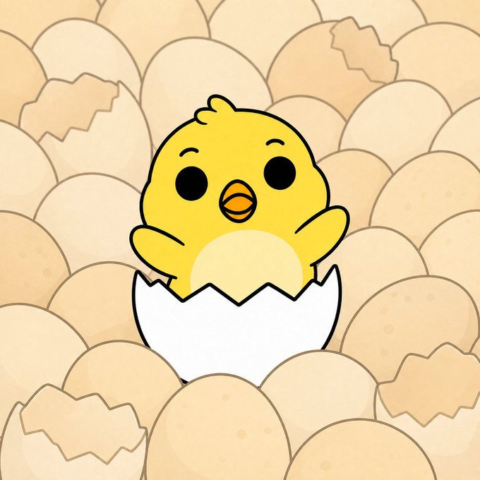 An illustration of a small yellow chick hatching from a white eggshell, surrounded by a background filled with cracked eggshells.