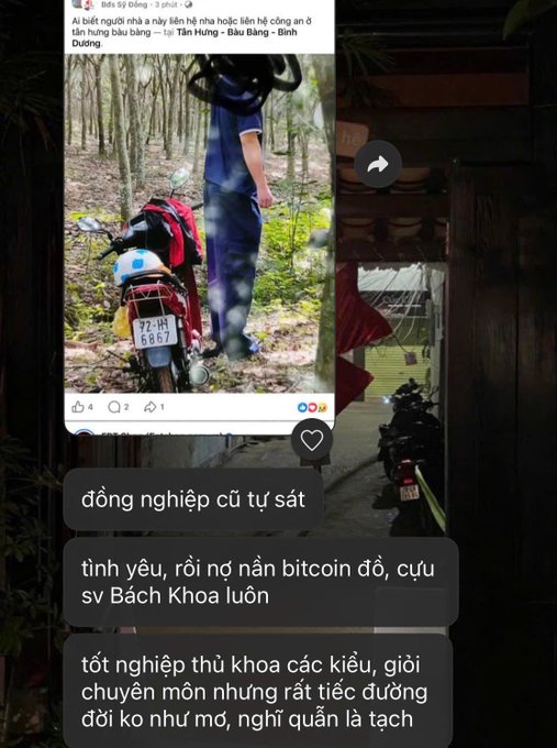 A social media post in Vietnamese shows an image of a person with a motorcycle (license plate 72-M4 6867) in a forest, with comments below referencing 'đồng nghiệp cũ tự sát' (former colleague committed suicide), Bitcoin, and graduating from various faculties at Bach Khoa university.