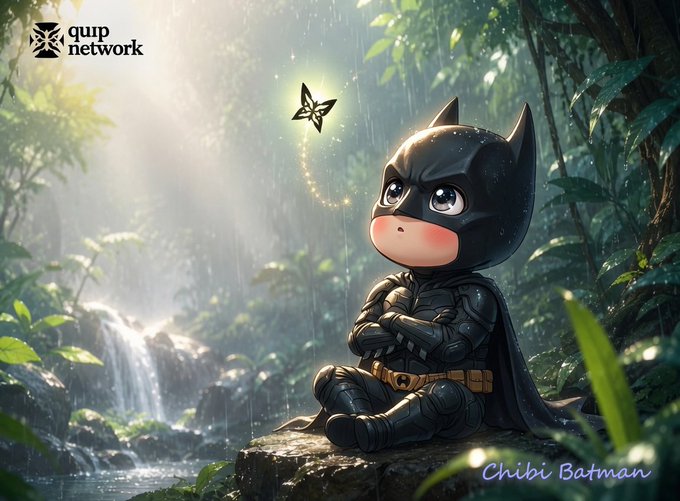 A chibi-style Batman character sits on a rock in a lush forest setting, with text reading 'quip network' and 'Chibi Batman'.