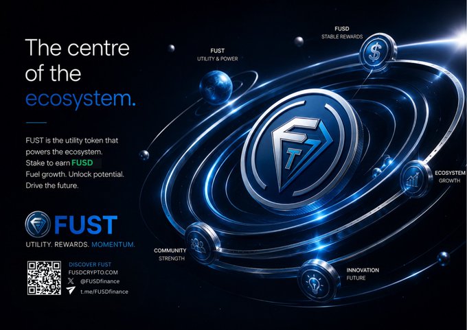 A promotional graphic for FUST, a utility token, featuring a central logo surrounded by orbiting elements highlighting "FUST Utility & Power," "FUSD Stable Rewards," "Community Strength," "Innovation Future," and "Ecosystem Growth," with the tagline "The centre of the ecosystem." The image visually represents the post's theme of both FUST and FUSD tokens playing complementary roles in the ecosystem.