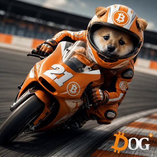 The image features a dog wearing an orange motorcycle racing suit, with its eyes closed as if it's speeding down the track at full throttle. The caption below the photo reads "Full throttle Zero fear $DOG leads the race". This implies that the dog is leading the race and not being held back by any fears or hesitations.