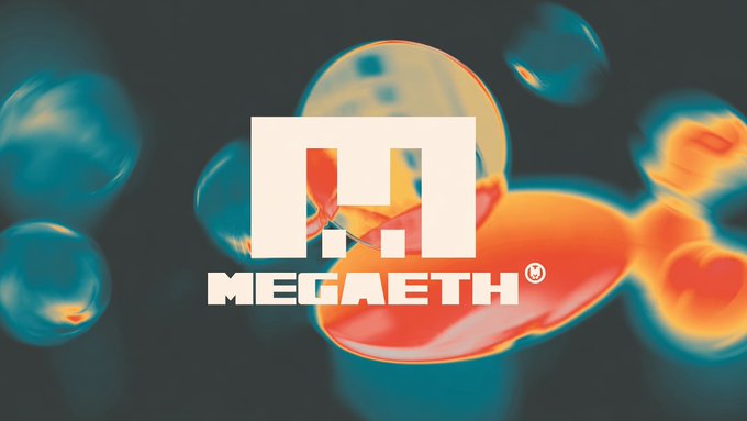 The image features the white "MEGAETH" logo with its distinctive stylized "M" emblem and registered trademark symbol, set against a vibrant background of glossy blue and orange-red liquid-like droplets. The branded graphic accompanies news that MegaETH is discontinuing its Mega Mafia accelerator program, with the logo representing the blockchain project at the center of this strategic shift.