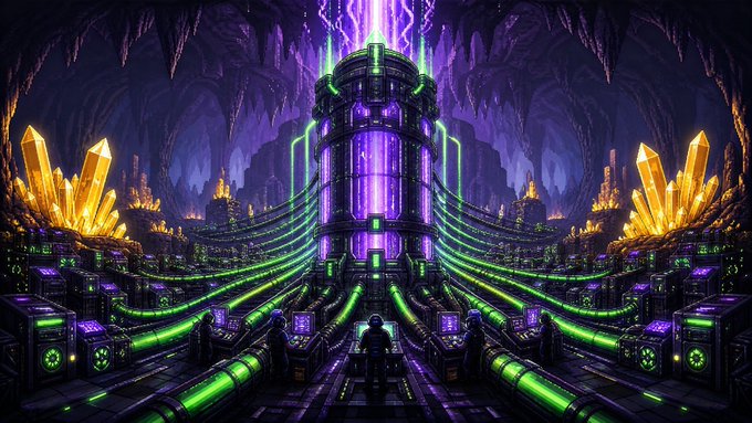 A digital artwork depicting a glowing purple and green futuristic underground facility with a central reactor and crystalline formations.