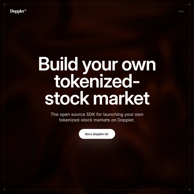 A dark promotional graphic for Doppler reading 'Build your own tokenized-stock market' with the subtitle 'The open source SDK for launching your own tokenized-stock markets on Doppler.' and the URL docs.doppler.lol.