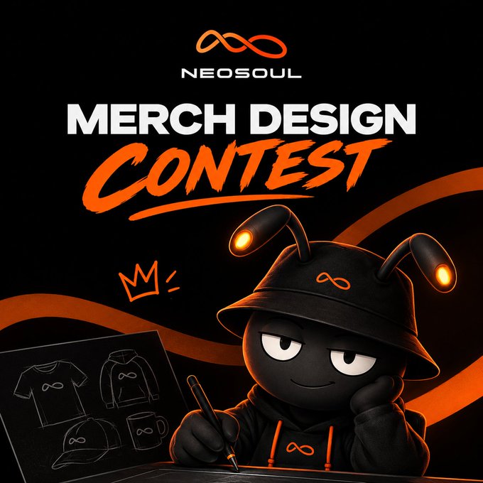 A promotional graphic for a 'NEOSOUL MERCH DESIGN CONTEST' featuring a black cartoon character with glowing antennae designing apparel.