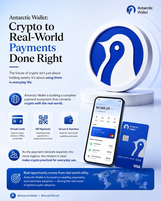An Antarctic Wallet promotional infographic titled 'Crypto to Real-World Payments Done Right,' showcasing virtual cards, QR payments, a Visa card, and a mobile app interface with a $4,568.20 balance, tagged @AntarcticWallet and @AuraXOfficial.