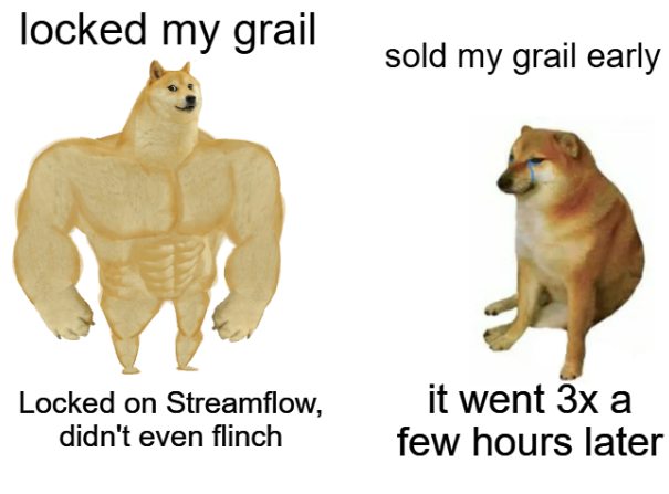 A meme featuring two Shiba Inu dogs: a muscular 'buff doge' labeled 'locked my grail' and 'Locked on Streamflow, didn't even flinch,' alongside a sad, crying 'cheems' doge labeled 'sold my grail early' and 'it went 3x a few hours later.'