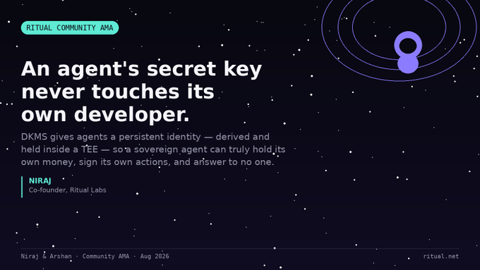 A dark slide titled 'An agent's secret key never touches its own developer.' explains DKMS from a 'Ritual Community AMA' by Niraj, co-founder of Ritual Labs.