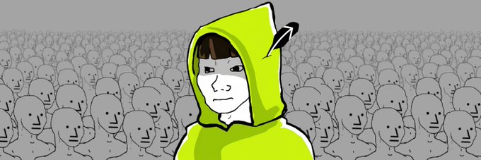 The same illustration of the yellow-hooded cartoon character standing before the gray crowd of smiling figures.