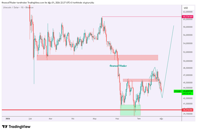 A TradingView daily chart of Litecoin (LTC/USD on Binance) showing a strong drop in early 2026 to a key support zone around $40.41, a recovery bounce, and a projected move toward the $60.75 resistance, matching the post's forecast of a reversal in the $43–$42 zone.