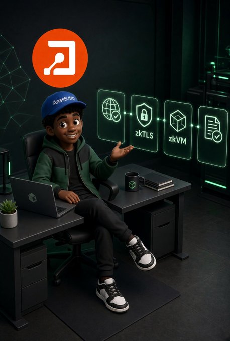 A 3D-rendered avatar of a young man wearing a blue cap with the AnaB3Jng logo, seated at a desk with a laptop, gesturing toward floating holographic panels displaying zkTLS and zkVM technology icons.