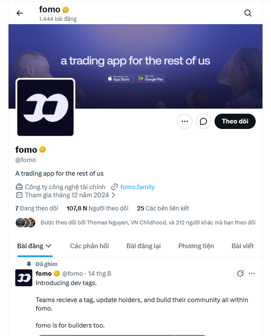 A profile page for 'fomo' (@fomo) on X (formerly Twitter) describing it as 'A trading app for the rest of us' with 1,444 posts and 107.8K followers.